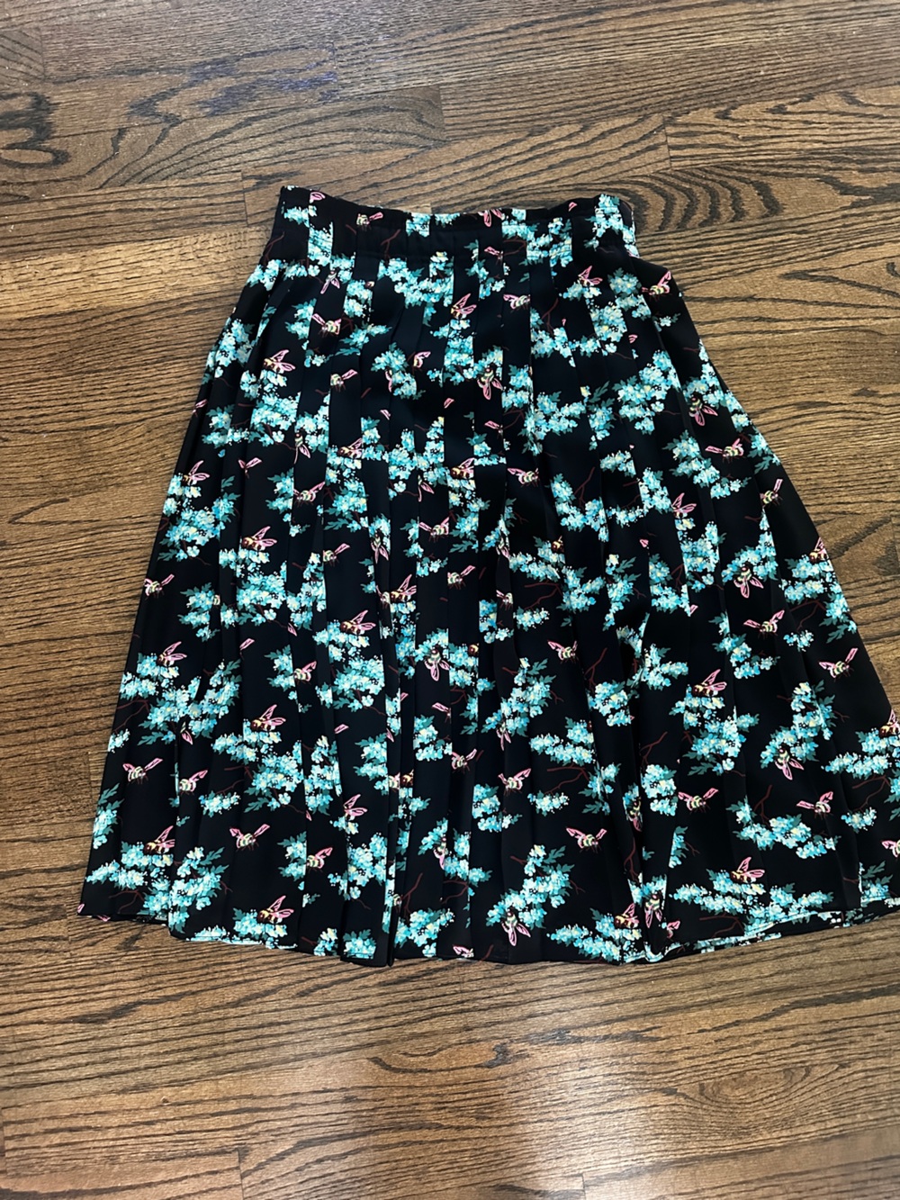 Floral A-Line Skirt in Black with Aqua Blossoms